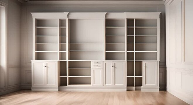 Interior of empty room with white wooden shelves and cupboards