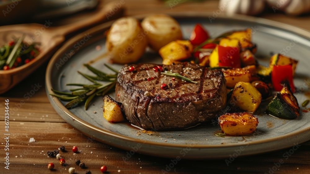 Sticker a perfectly cooked ribeye steak sits on a plate with roasted vegetables, a sprig of rosemary, and pe