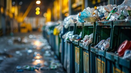 A row of overflowing commercial waste bins filled with plastic waste in a factory setting. The bins are lined up in a row and are full of plastic bottles, bags, and other materials