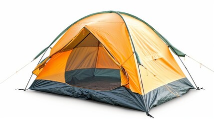 high resolution studio shot of an orange and green camping tent isolated on a white background, showcasing outdoor gear for summer activities and nature exploration in vivid detail