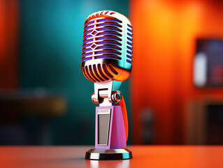 Awesome retro microphone on short leg and stand with headphone 3d illustration design