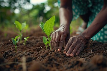 Spring Field Planting. Black Woman Planting Green Garden for Nature Care and Sustainable Agriculture
