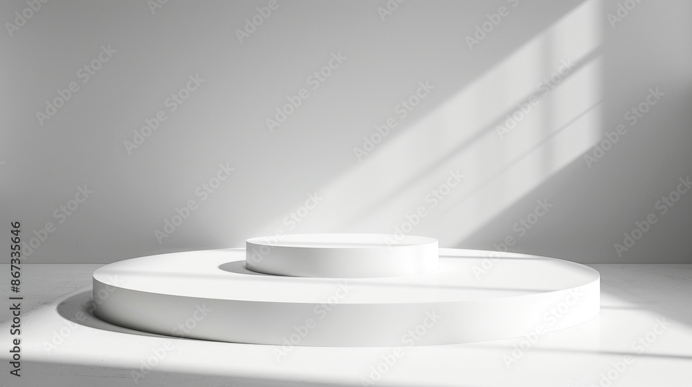 Poster white circular platform displayed against a white wall with sunlight streaming through a window