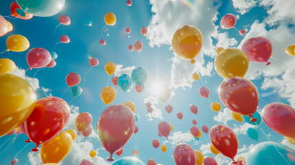 Thousands of colorful balloons floating in the air, creating a colorful mosaic against the sky.