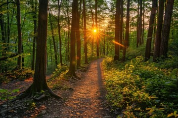 Fototapeta premium Woods Sun. Inspirational Sunset View on Hiking Path Through Beautiful Woods