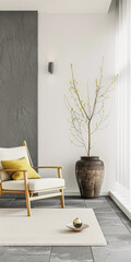 Zen interiors composition in a luxury apartment with minimalist furniture and natural lighting. Calming residential interiors in neutral tone.