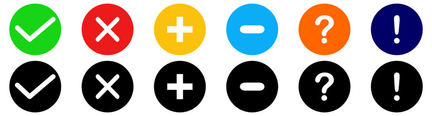 Check mark icon button set. Question mark, information icons. Check box icon with green tick and red cross buttons and yes or no checkmark icons - Faq, support, ask, help signs . Vector illustration