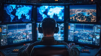 Military operator transmitting gps coordinates of hostile ships to national guard, providing real time data from surveillance CCTV system. Army officer works in power base control center.