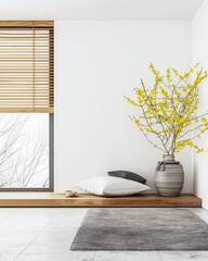 Zen interiors composition in a luxury apartment with minimalist furniture and natural lighting. Calming residential interiors in neutral tone.
