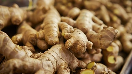 background of Detailed view of fresh ginger, vibrant and healthy,