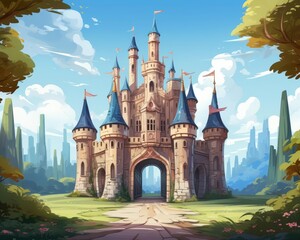 castle entrance adorned with medieval flags castle background flat design front view fantasy theme animation vivid