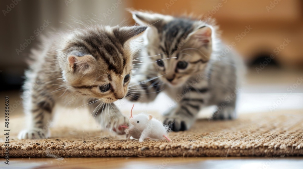 Poster A kitten playfully batting at a moving toy mouse on a scratch pad, practicing hunting skills with enthusiasm.