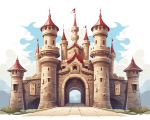 castle entrance adorned with medieval flags castle background flat design front view fantasy theme animation vivid