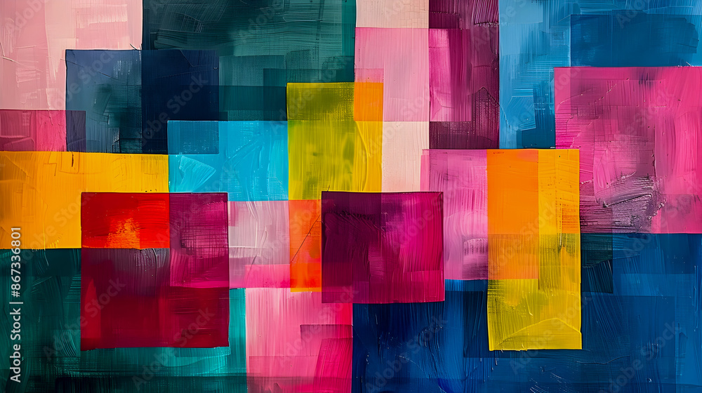Poster vibrant geometric digital art with interlocking colored shapes and minimal design