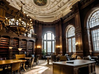 A large and luxurious library with tables and chairs with a large fireplace in the center