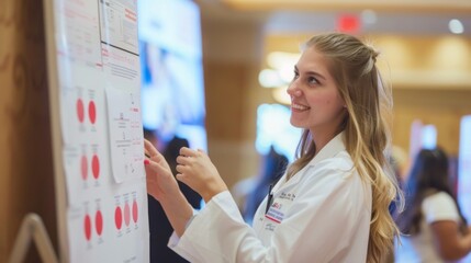 A nurse presenting a research poster on innovative nursing practices at a conference for Nurses Day