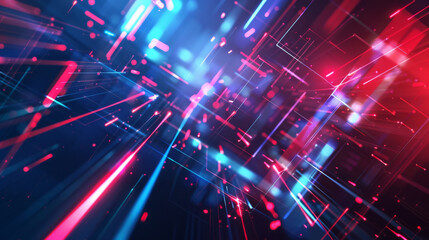 Obraz premium Abstract tech banner with blue, red geometric shapes. Concept for science, futuristic energy technology. Light rays, lines with light, speed, motion blur against a dark background.