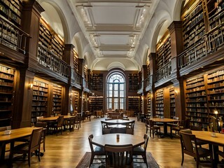 A large and luxurious library with tables and chairs with a large fireplace in the center