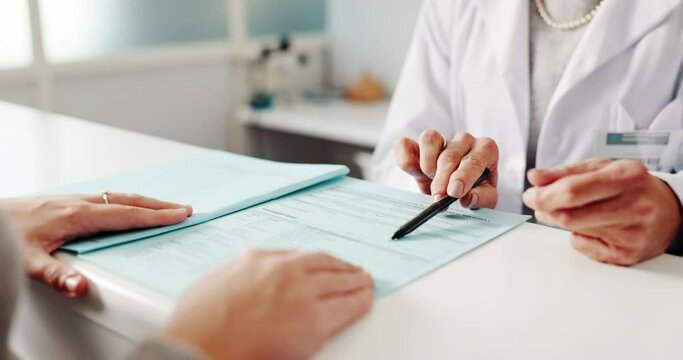 Hands, dentist and patient with document in office for information, signature and consent form of treatment plan. Medical, people and paperwork for dental appointment, health history and insurance