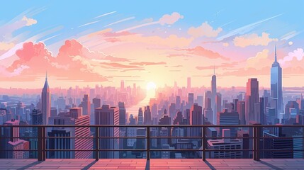 city view from balcony background flat design top view urban skyline theme cartoon drawing colored pastel