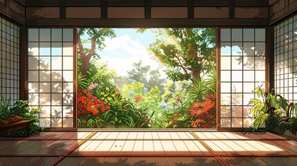 Fototapeta premium Traditional Japanese House Interior Room with Serene Garden View, Emphasizing Tranquility, Cultural Aesthetics, and Harmony with Nature, Ideal for Illustrating Japanese Architecture and Zen Lifestyle