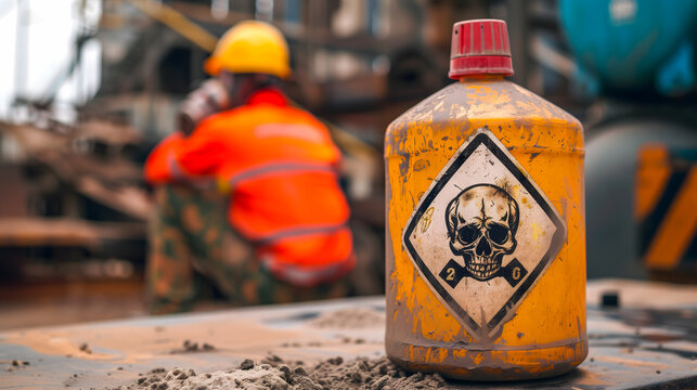 Un bidon jaune avec un symbole de danger "t&ecirc;te de mort" au premier plan, avec un ouvrier en arri&egrave;re-plan.