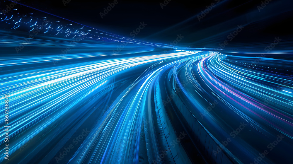 Poster bright blue light trails curve dynamically against a dark background, creating a sense of speed and 