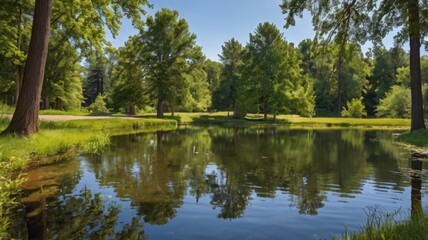 Relaxing summer park with tall trees, a calm pond, and a sunny, cloudless sky