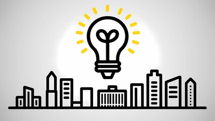 Cityscape with Illuminated Light Bulb Above Urban Skyline Representing Innovation and Creative Ideas