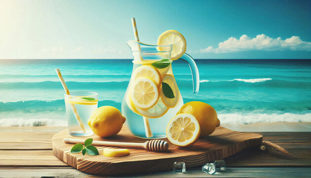 Sommerliches, erfrischendes Limonadengetr&auml;nk oder Cocktail auf einem Tisch am Meer. Frische, gesunde Zintronenlimonade. Wasser mit Zitrone