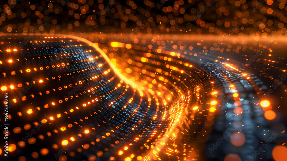 Poster swirling binary data tapestry a glowing digital expressionistic landscape