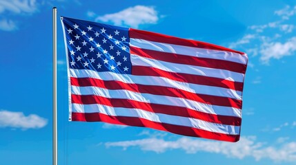 Obraz premium A crisp image of the American flag, each star and stripe clearly visible, with a brilliant blue sky as the backdrop.