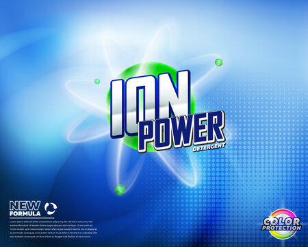 Ion power laundry detergent product advertising template. Best for label production, packaging and advertising design uses.