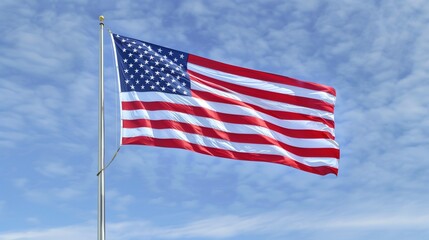Obraz premium A majestic shot of the American flag, flying at full mast with its stars and stripes clearly visible against a pure blue sky.