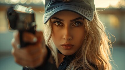 Beautiful blonde woman wear police costume, gun in hand ready to shoot, police cap