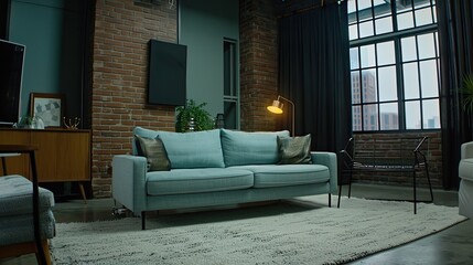 A blue couch and armchair sit in front of a brick wall in a modern living room. A wooden shelf with books sits above the chairs