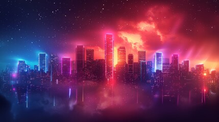 Fototapeta premium A dynamic image of a neon-lit city skyline, with buildings outlined in bright neon lights against a dark sky, illustrating the modern and energetic vibe of urban life.