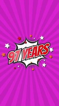 Celebratory animation for 97th ninety-seventh anniversary - 97 ninety-seven years birthday. Animated text on pop colorful background with rotating rays.