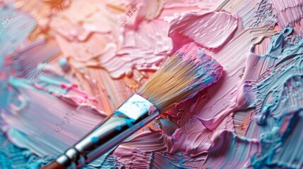 Fototapeta premium A high-angle shot of a paintbrush dipped in a palette of pastel colors, creating delicate strokes on a canvas, illustrating the soft and subtle beauty of tinted artwork.