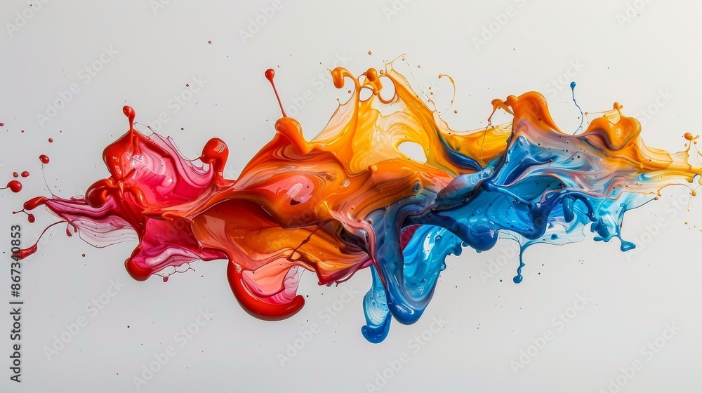 Poster a high-speed photograph of liquid paint being thrown against a white surface, creating a dramatic an