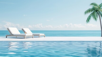 Fototapeta premium Poolside loungers bathed in sunlight, guests relaxing with refreshing drinks, palm trees swaying gently, clear blue water reflecting the bright sky, perfect summer day scene
