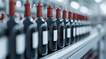 Red wine bottles being filled in a state-of-the-art factory, automated conveyor system, intricate machinery, ultra-realistic, hyper-detailed, 8K resolution, capturing the essence of the food industry