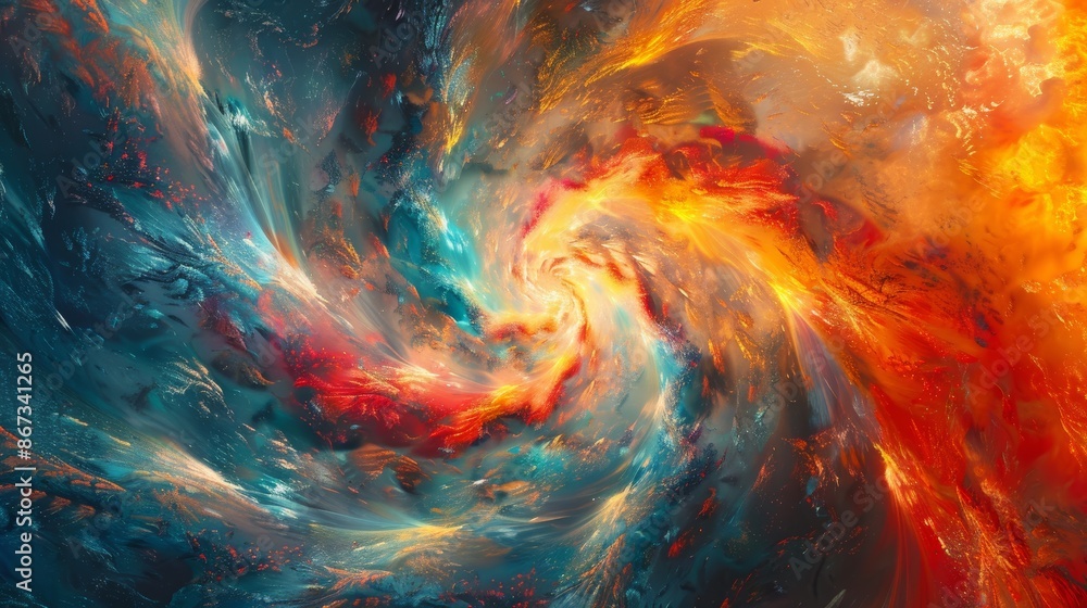 Poster a mesmerizing display of swirling colors bursting outwards from a central point, creating a dynamic 