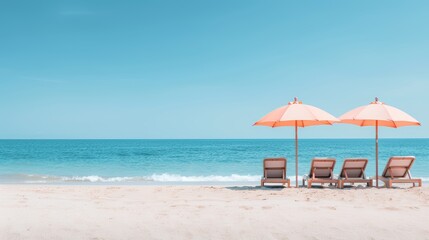 Fototapeta premium Scenic beach with stylish lounge chairs arranged under vibrant umbrellas, sandy shoreline and blue ocean waves, idyllic vacation backdrop, tranquil and inviting