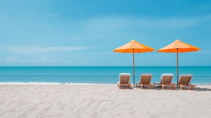 Scenic beach with stylish lounge chairs arranged under vibrant umbrellas, sandy shoreline and blue ocean waves, idyllic vacation backdrop, tranquil and inviting