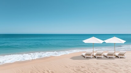 Scenic beach with stylish lounge chairs arranged under vibrant umbrellas, sandy shoreline and blue ocean waves, idyllic vacation backdrop, tranquil and inviting