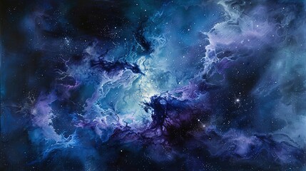 Fototapeta premium Ethereal Cosmic Nebula in Deep Blues and Purples with Star Accents