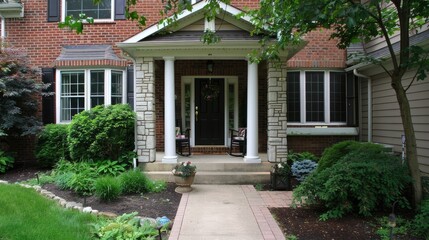 Obraz premium A black front door with glass panels is flanked by two stone pillars and potted flowers.