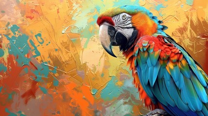 A vibrant and dynamic close-up of a colorful parrot with bright, bold feathers, perched against a vivid tropical backdrop, creating an eye-catching display of nature's most strikin