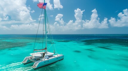 Naklejka premium An American flag flying from a tall mast on a catamaran sailing through turquoise waters.